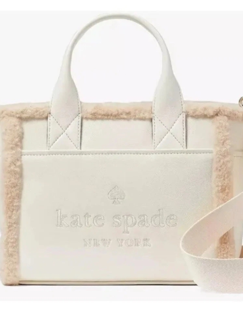 Kate Spade New York Cream Shearling Trim Top-Handle Tote - Picture 2 of 4